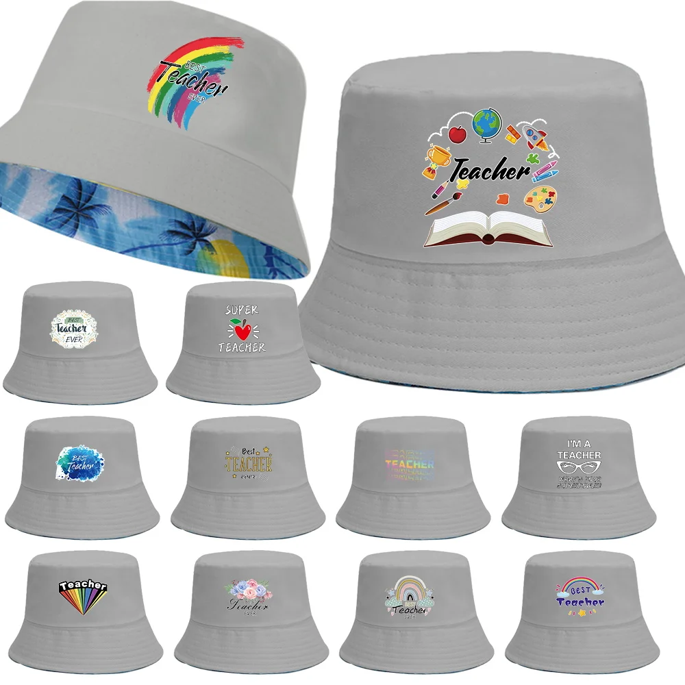 Women Bucket Fishing Summer Sunscreen Visors Cap Teacher Print Double-sided Wear Spring Lady Fisherman Hip Hop Casual Beach Hat