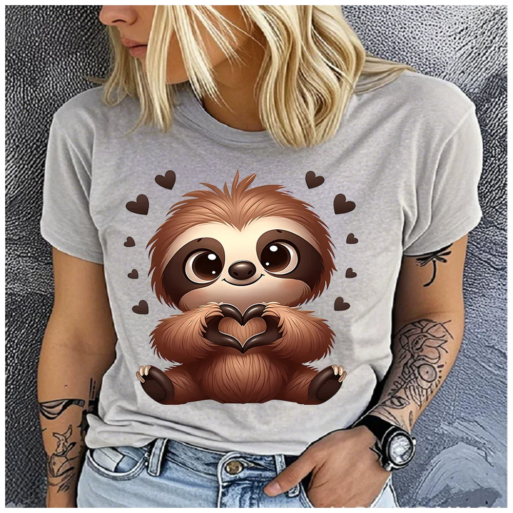Cotton 100% Cute Sloth Make Heart Gesture Print Women T-Shirt Casual Crew Neck Short Sleeve Lovely Graphic Summer Tee Top