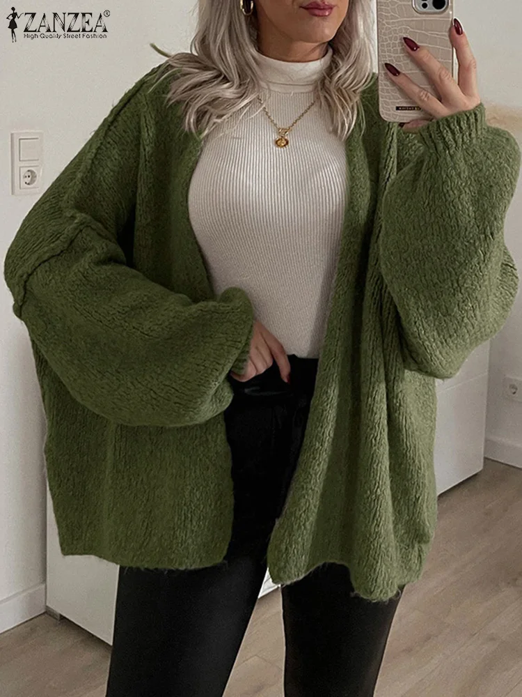 

ZANZEA 2025 FW Loose Knitted Cardigans Women Fashion Long Lantern Sleeve Open-Front Solid Color Sweaters Lazy Weekend 3 Colors