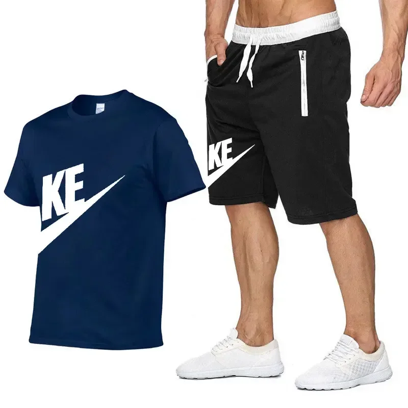 Conjunto de camiseta e shorts masculinos estampados com gola redonda, manga curta, shorts de 5 pontos, esportes fitness, moda casual, verão, 2