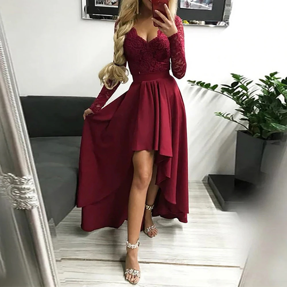

Women's Elegant Lace Patchwork Evening Dress Long Sleeve Deep V Neck Irregular Hem Autumn Party Prom Female Maxi Dresses Vestido