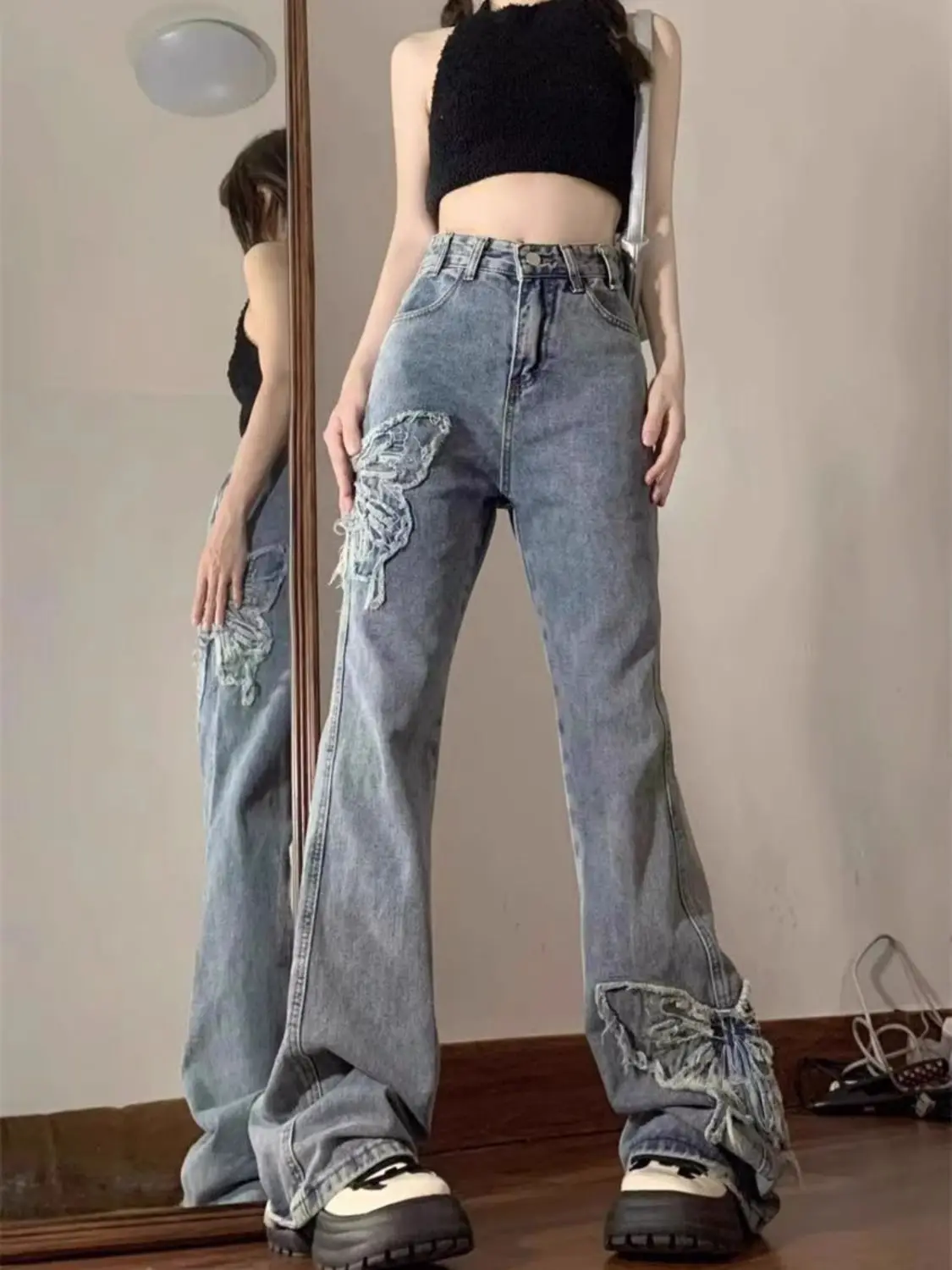 Butterfly Embroidered Flared Jeans Women Retro High Waist Straight Wide-Leg Pants Street Clothing Korean Version Of Full Pants.