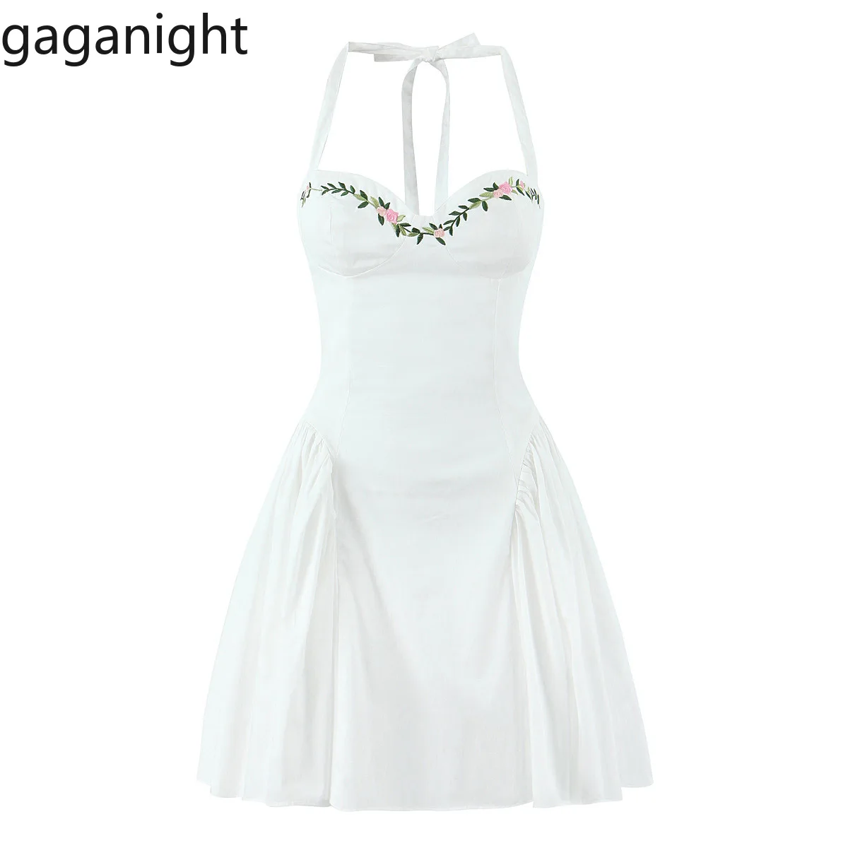 

Gaganight Women Fashion Niche Autumn Item European American Style Vacation French Hanging Neck Flower Embroidery Backless Dress