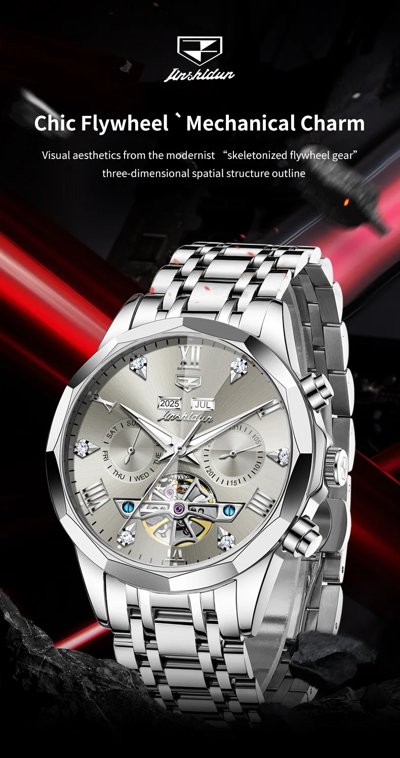 JINSHIDUN 8989 Luxus-Herrenuhr Mode Skelett-Schwungrad Automatikuhren für Herren Rhombus-Spiegel Business Mechanische Uhr für Männer – Detail 1