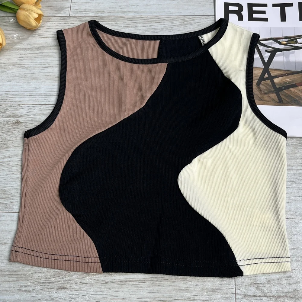 بلوزة نسائية مضلعة متعددة الألوان بدون أكمام عبر الحدود مع انقسام مكشوف وتصميم منخفض الظهر، لمسة على طراز INS #2