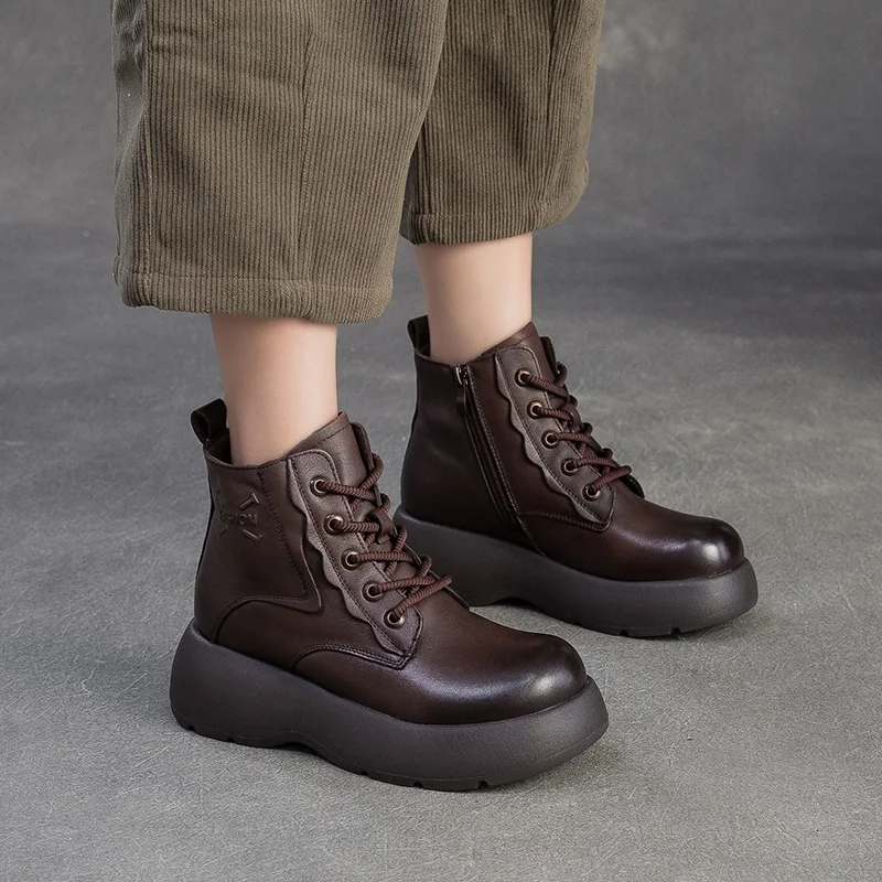 DRKANOL اليدوية الرجعية حقيقية جلد البقر منصة الثلوج أحذية النساء الارتفاع زيادة أسافين كعب الشتاء الدافئة القطن الأحذية سيدة