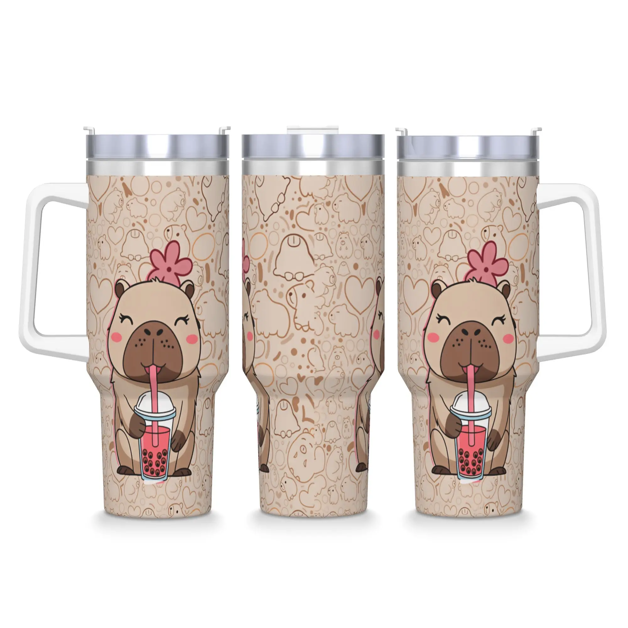 Stainless Steel Tumbler Flower Capybara Drinking Boba Tea Capybara Silhouette Heart Background Cartoon Coffee Mug Drink Car Mugs