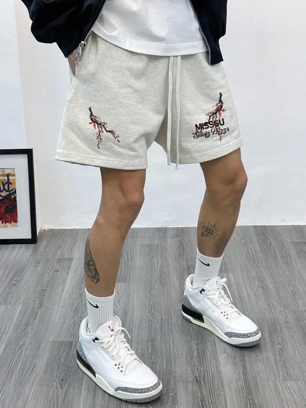 

Summer American High Street Trend Brand Loose Fit Printed Casual Baskeall Sport orts Five Parts Men's Straight Leg Pants