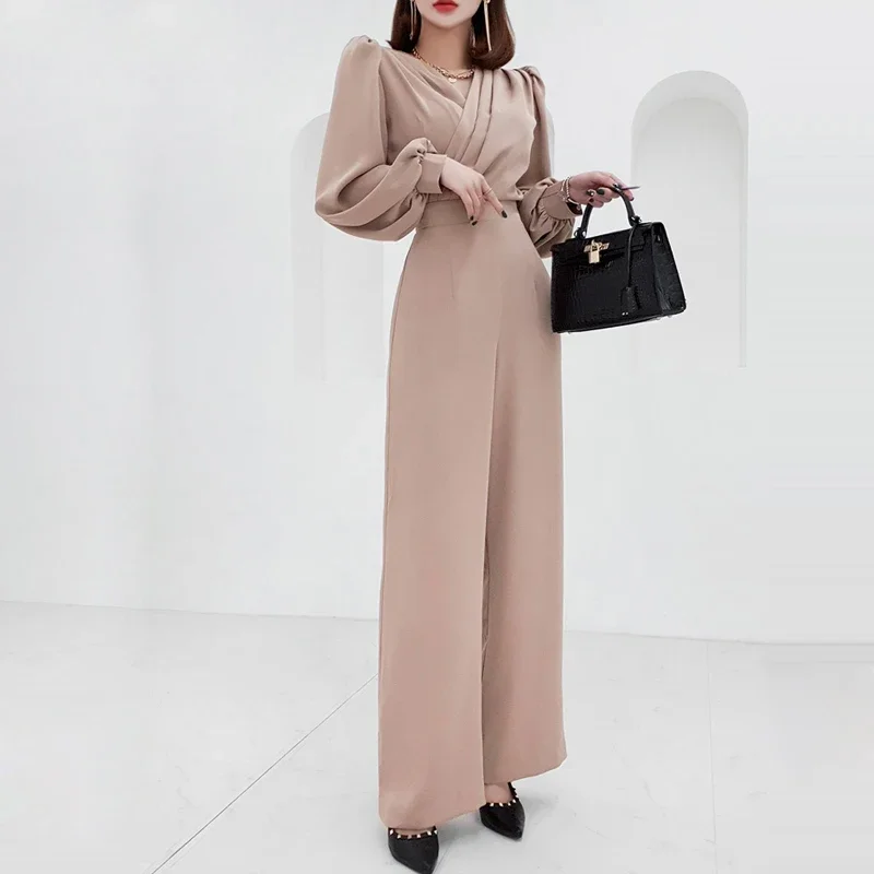 Elegant Summe Business Jumpsuits Women V-Neck Wide Leg Trousers Long Playsuits Casual High Waist Rompers Office Lady