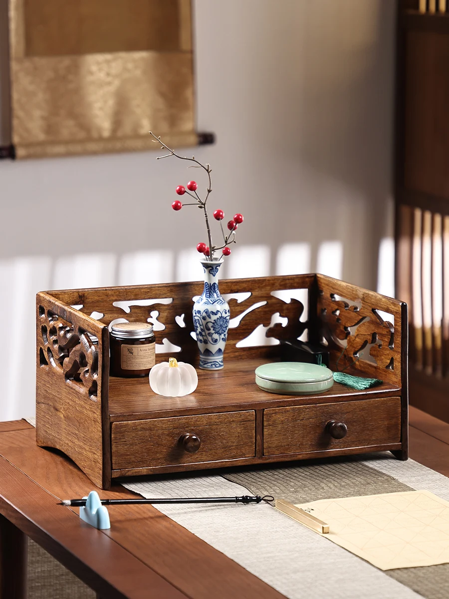 Solid wood tea cup storage rack, Chinese style storage box on the table