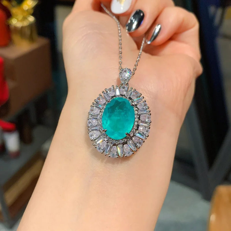 Emerald Gemstone Necklace European and American Paraiba Pendant