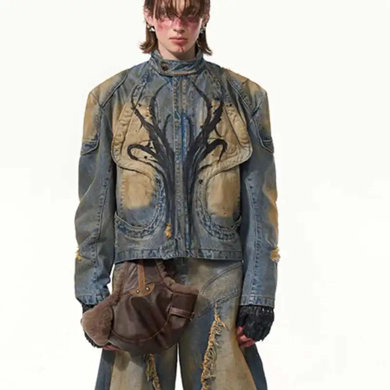 HKSH Spring New Men's Tide Punk American Style Distressed Soil Denim Pants Spliced Chic Patchwork Baggy Jeans Heavy Retro HK4477