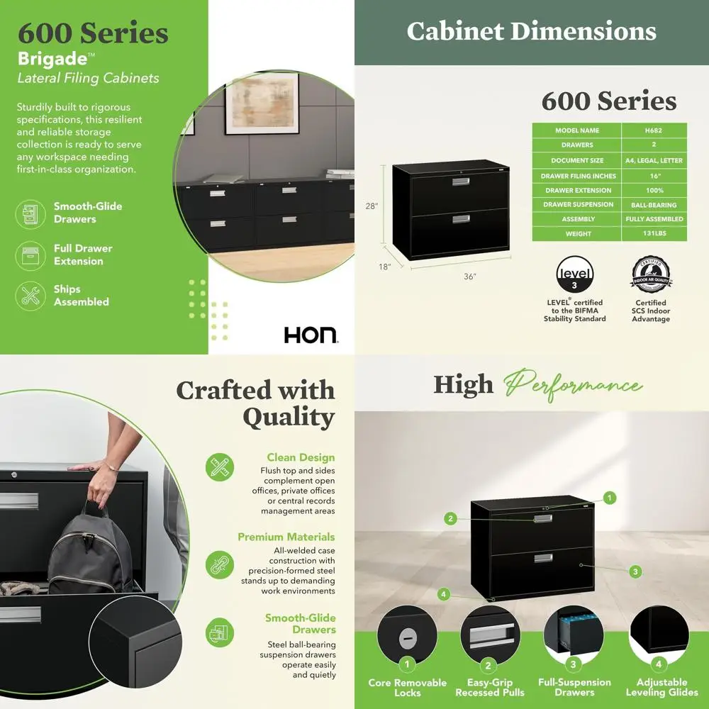 

18 Deep Metal Lateral File Cabinet with Lock, Hanging Files, Under Desk Mount, Black