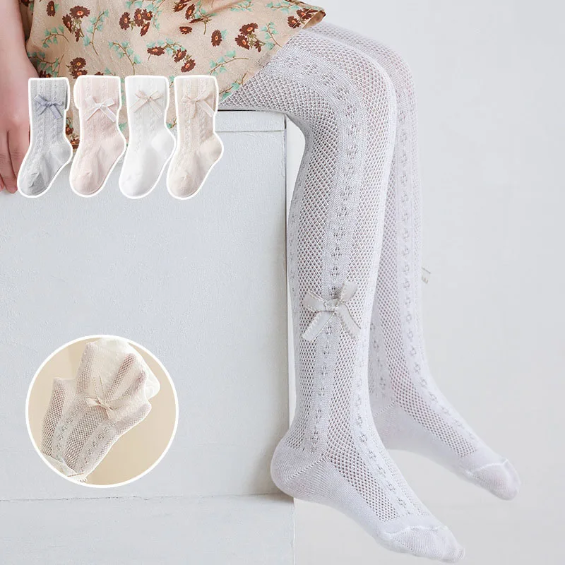 New Summer Children's Tights 1-8T Solid Color Bow Baby Pantyhose Thin Mesh Ventilation Kids Leggings