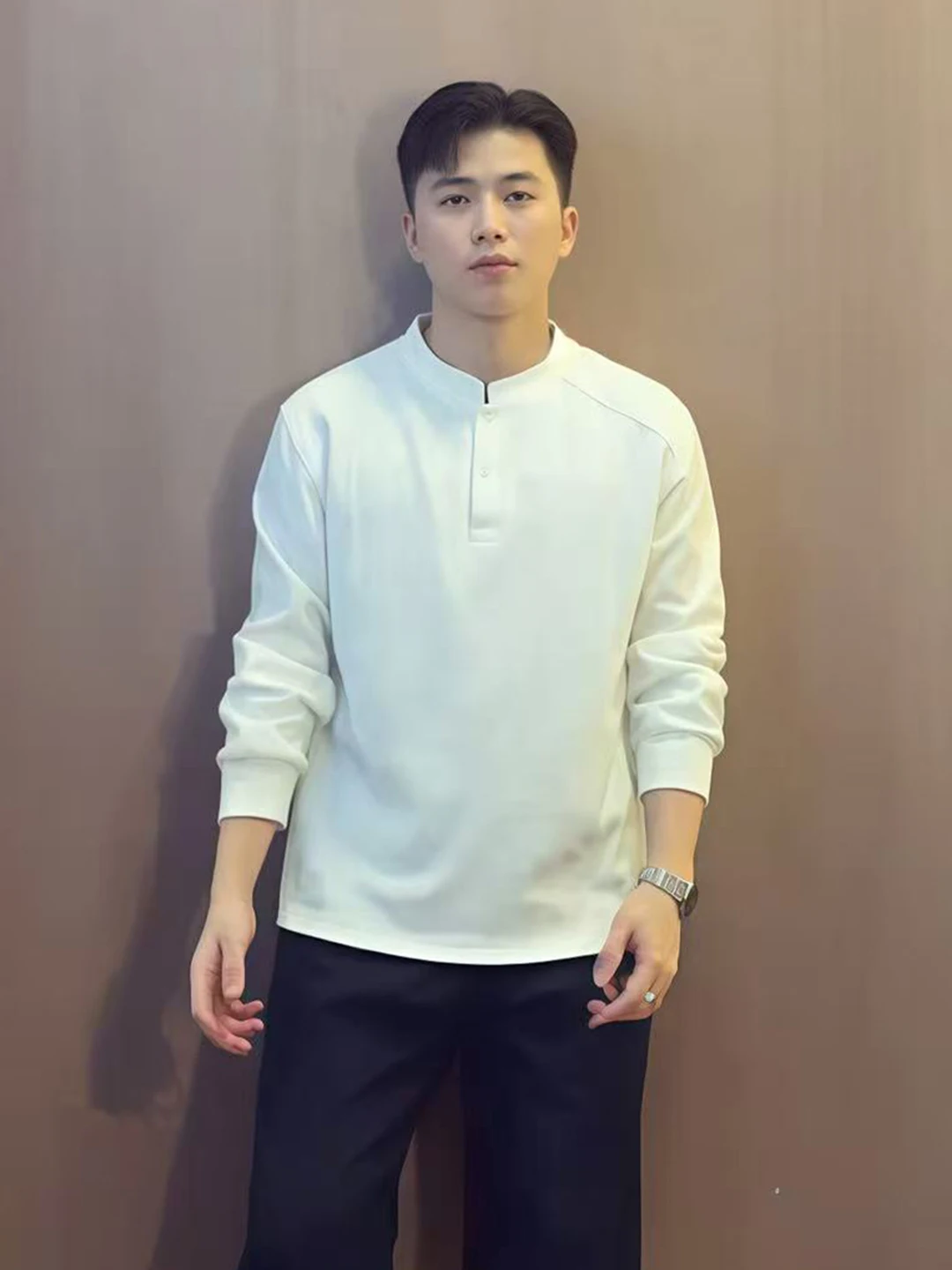 

Белая мужская футболка с длинным рукавом и воротником хенли, осенняя, плотная, для ношения под одеждой, базовый слой