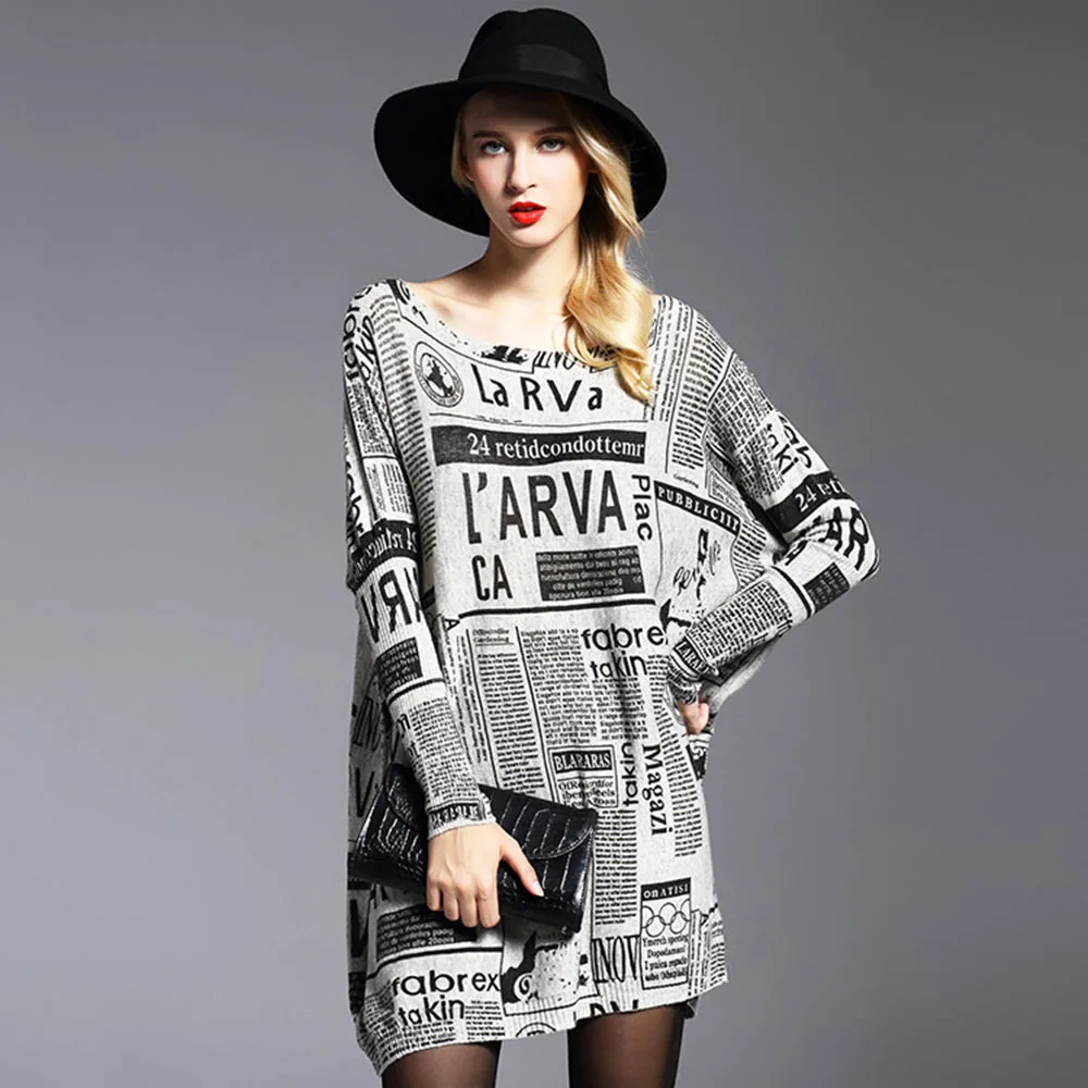 Spring And Autumn New Women's Loose Pullover Print Newspaper Casual Long Sweater Bottoming Fashion Sweater Women.