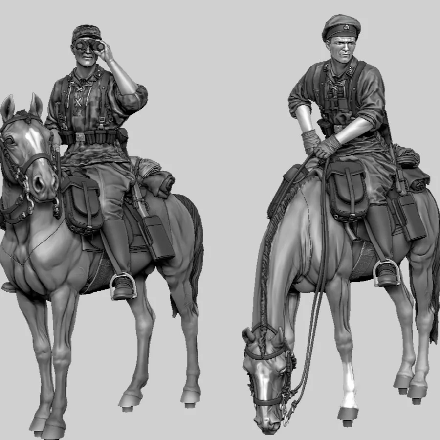 Figura de resina a escala 1/35, Kit de modelo ensamblado, Caballería europea, 2 hombres y caballos, Diorama en miniatura, juguete sin montar y sin pintar