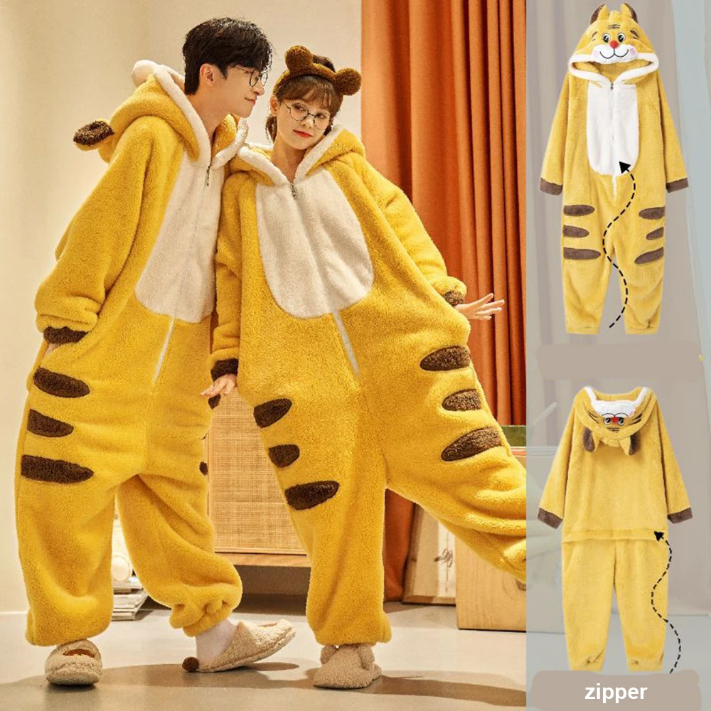 Cute Flannel Tiger Pajamas Winter Plus Velvet Warm Onesie Women\'s Sleepwear Unisex Loose Thick Plush Hooded Jumpsuits Homewear