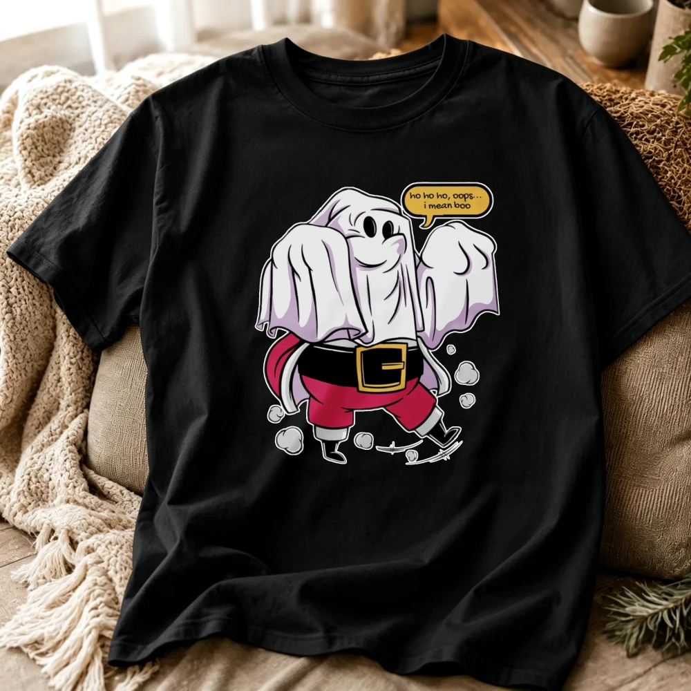 Funny Ghost Santa Hybrid Graphic T‑Shirt Spooky Christmas Ghost in Santa Costume Speech Bubble Snowball Winter Print Casual Tops