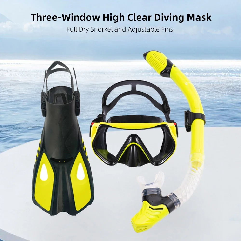 Tempered Glass Diving Goggles, Three-Window Diving Mask, Full Dry Snorkel, Adjustable Fins, Perfect for Underwater Exploration