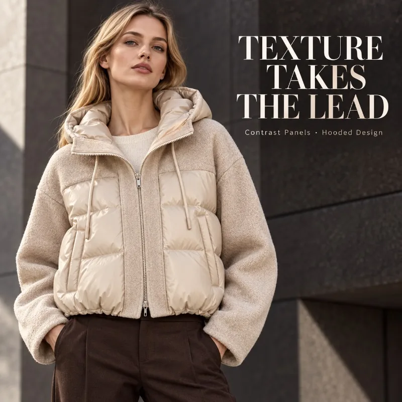 Women Hooded Padded Jacket Patchwork Textured Sleeves Zip Up Coat Loose Fit Autumn Winter Casual Outerwear with Pockets