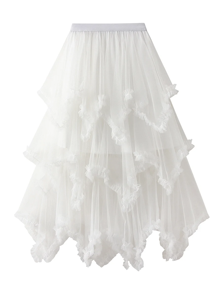 

Women Layered Tulle Long Skirt Fashion High Waist Solid Color Frill Trim Ruffle Midi Skirt