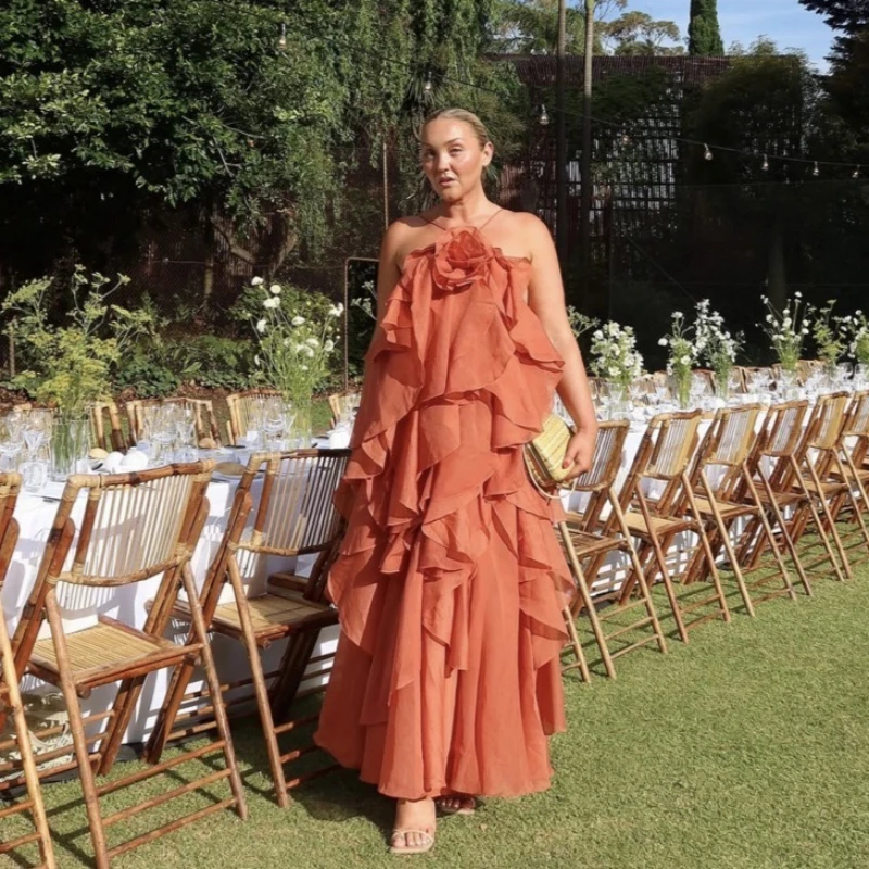 Luxo high-end feminino floral babados bolo em camadas sem costas halter vestido festa de casamento aniversário vestidos longos para férias femininas