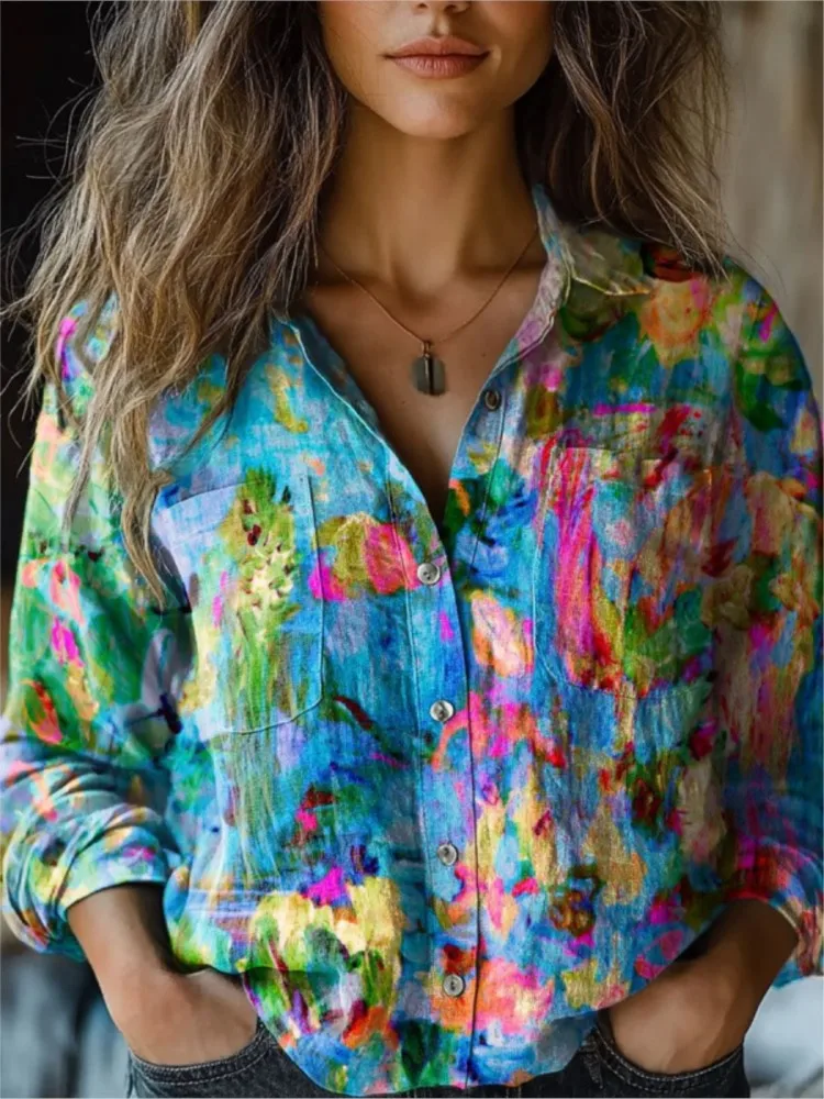 

Print Women's Fashion Turn-down Collar Long Sleeve Top Shirt New Spring Autumn Elegant Casual Button Top Shirts Women Clothes