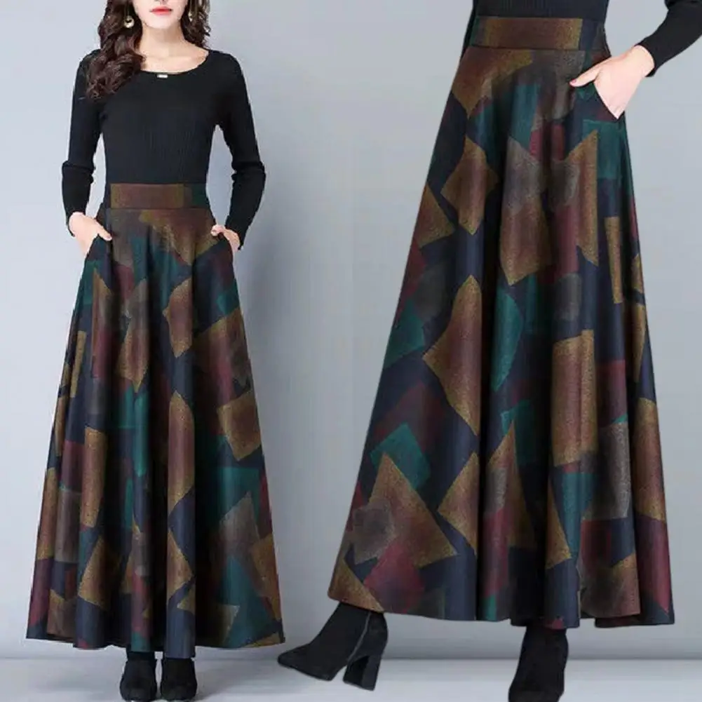 Woolen Skirt Elastic High Waist Large Hem Maxi Skirt With Pockets Plaid Pattern Ankle Length Windproof A-Line Autumn Fall Skirt