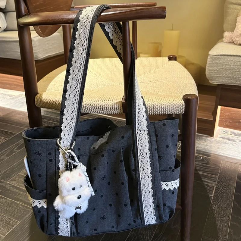 Polka Dot Lace Tote Bag Large Capacity Women's Shoulder Bag Student Commuter Handbag With Contrast Trim Lightweight Shopping Bag image 3