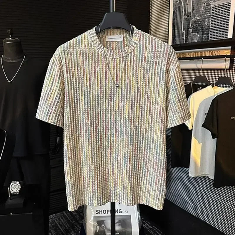 GELITAYIN New Summer Men's Short Sleeve Jacquard Texture Design Casual Rainbow Colour T-shirt Comfortable Round Neck Versatile T