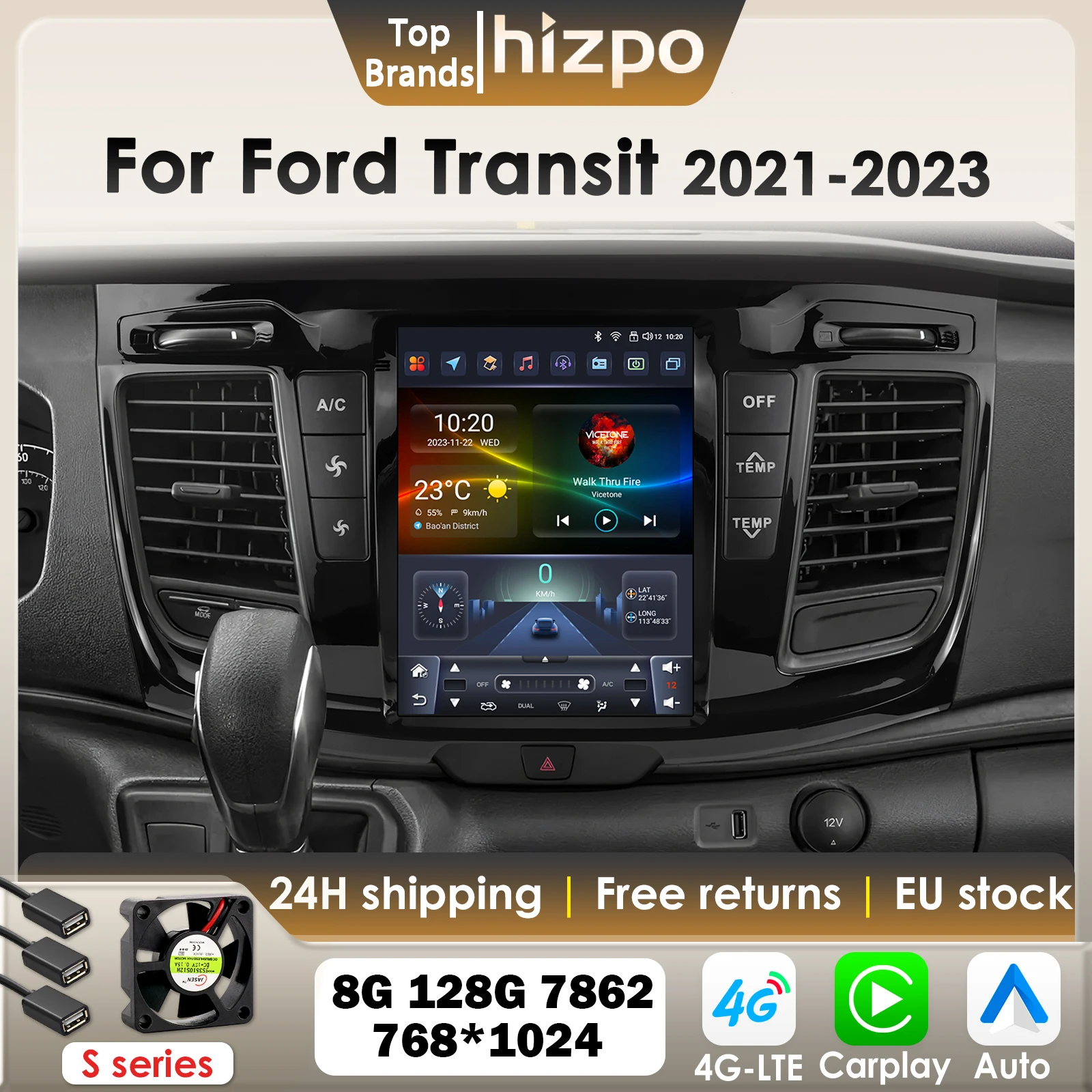 Hizpo 9,7 "Carplay Android 14 intelligente Auto radio Für Ford Transit 2021-2023 für Tesla Stil Vertikale Bildschirm GPS 4G BT 7862