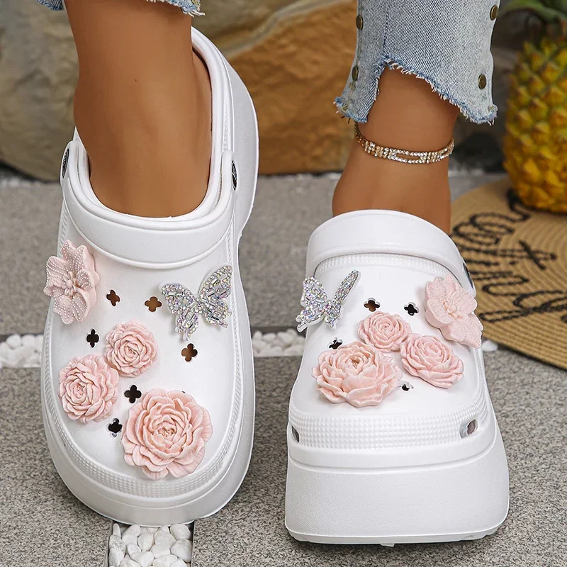 

Женские модные сабо на платформе eva, сандалии, лето 202, пляжная садовая обувь на толстой подошве, женские тапочки на танкетке с розовым цветочным декором