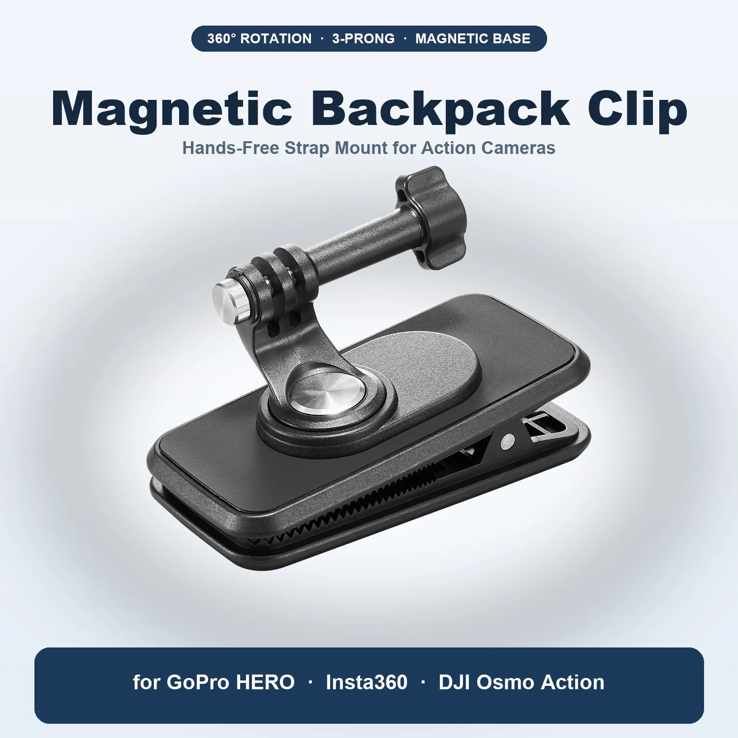 Magnetic Backpack Clip 360 Rotation 3 Prong Action Camera Mount with Lanyard Thumbscrew for GoPro Hero Insta360 DJI Osmo Action