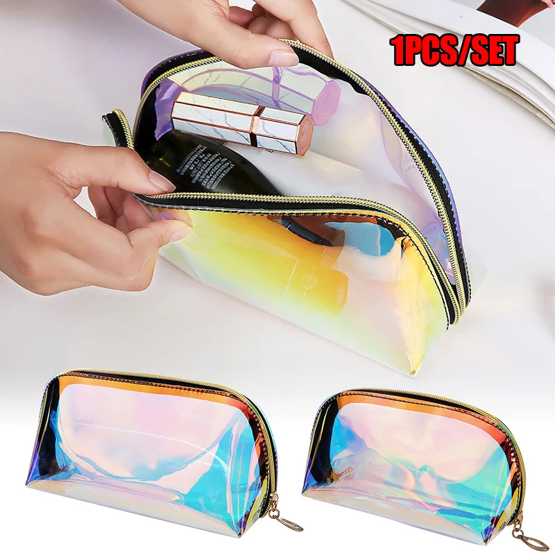 Laser Holographic Seashell Makeup Bag TPU PVC Cosmetic Pouch Travel Organizer with Diamond Zipper Large Capacity