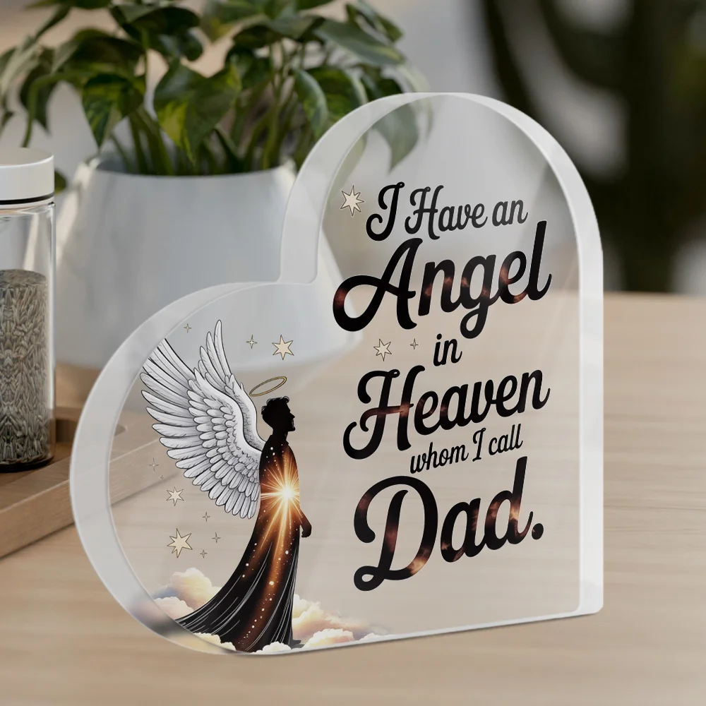 Clear Heart Shaped Acrylic Stand Male Angel Cloud Star Sympathy Loss Of Father Table Ornament