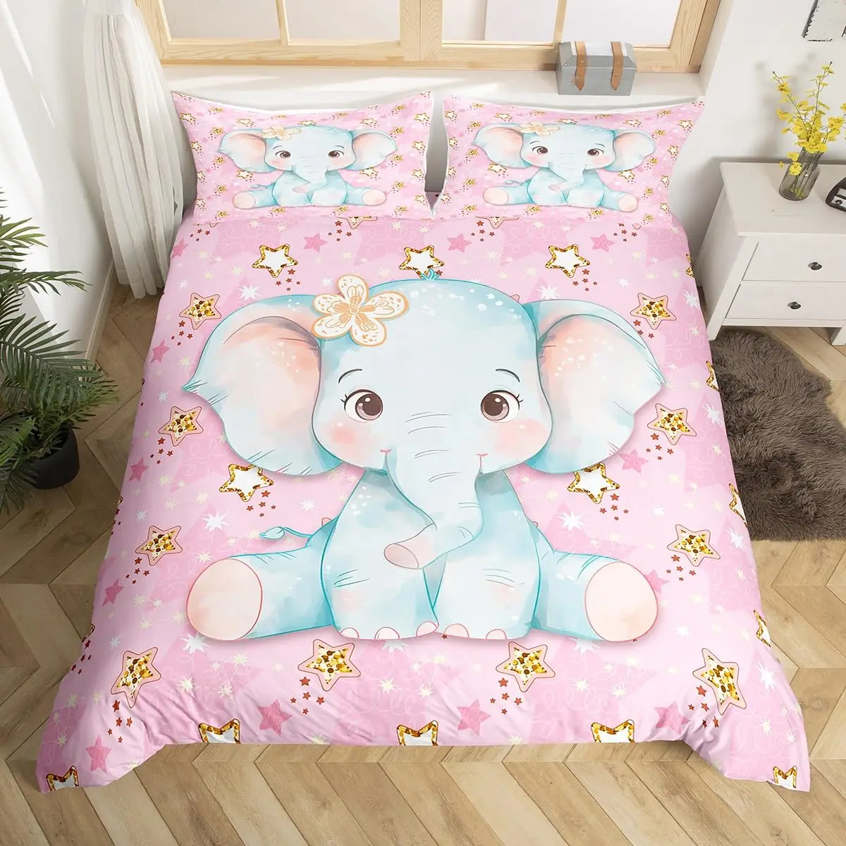 

Cartoon Elephant Bedding Set Twin Cute Animal Flower Duvet Cover Glitter Stars Pink Comforter Cover Golden Star Blue Quilt Cover