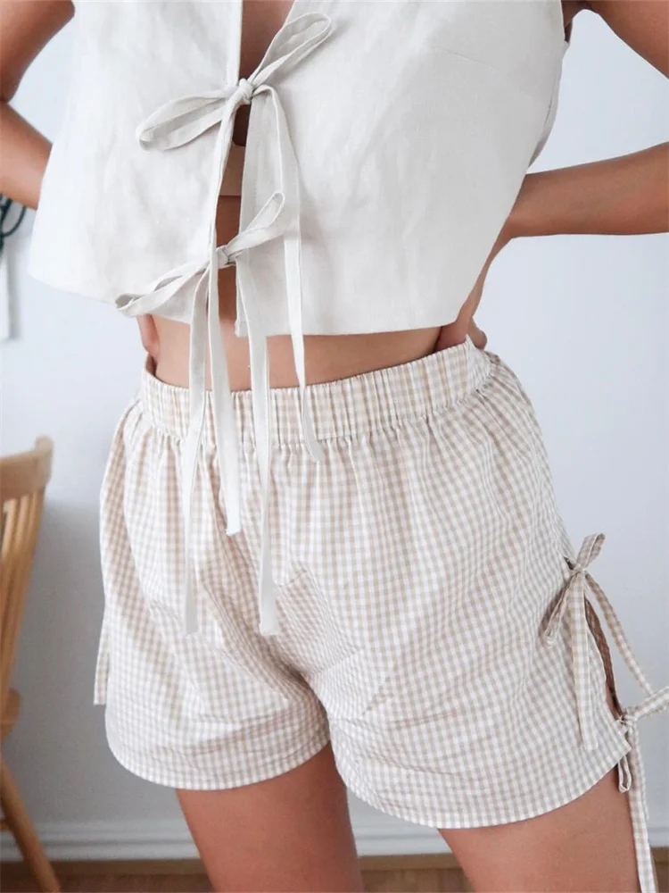 

CHRONSTYLE Sexy Women Loose Casual Shorts Plaid Print Side Split Lace-Up Short Pants Summer Hollow Out Elastic Waist Shorts 2024