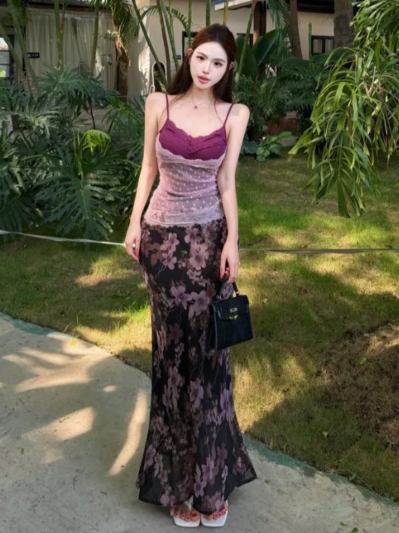 

Spicy Lace Polka Dot Halter Vest Floral Fish Tail Skirt Set Summer Slimming Pure Desire Two Piece Set Women's Fashion