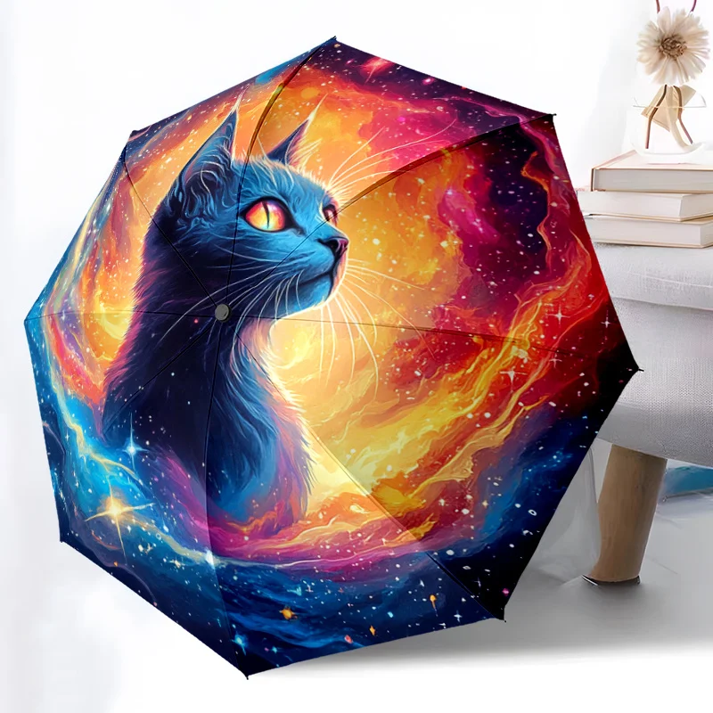 

1pc Cosmic Cat Umbrella with Blue Cat & Stars Design - Automatic Folding, 8-Rib Sturdy Frame, Portable Travel Umbrella for Men