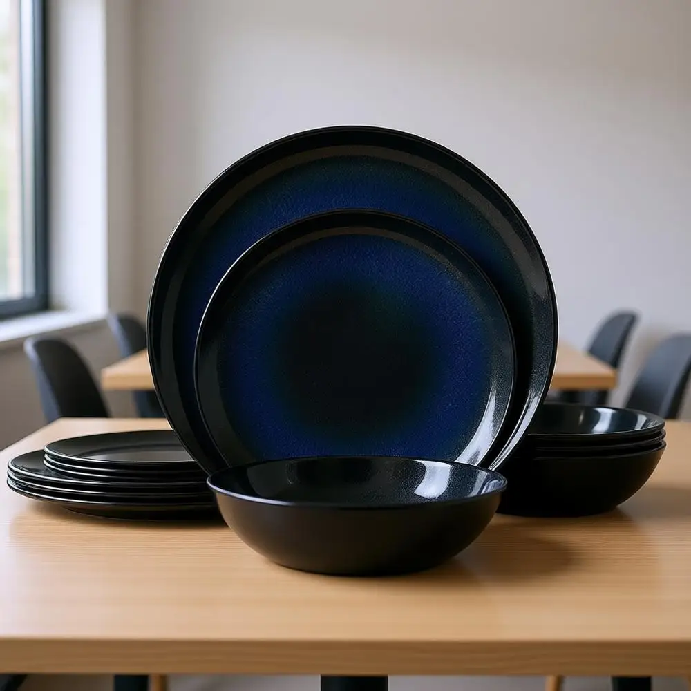 

Набор меламиновой посуды из 12 предметов, синие тарелки и миски, без бисфенола-А, можно мыть в посудомоечной машине