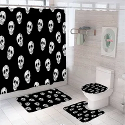 4Pcs Black White Skull Shower Curtain Set Scary Halloween Bathroom Decor Fabric Screen Non-Slip Bath Mat Toilet Lid Cover Rugs