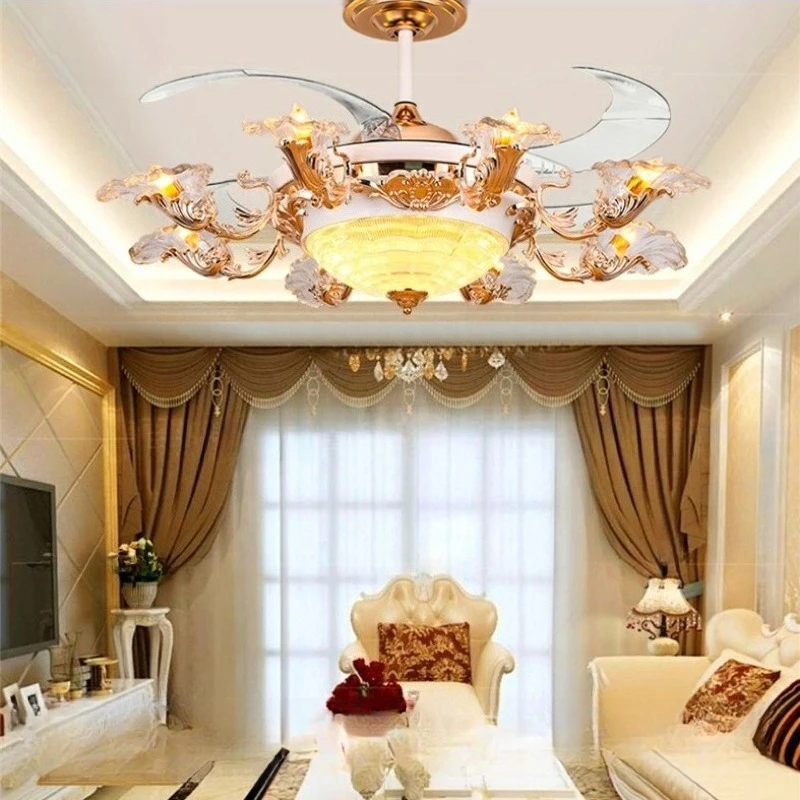 Crystal European Invisible Ceiling Fan Lamps Living Dining Room Intelligent Voice Frequency Conversion Atmospheric Fan Lights