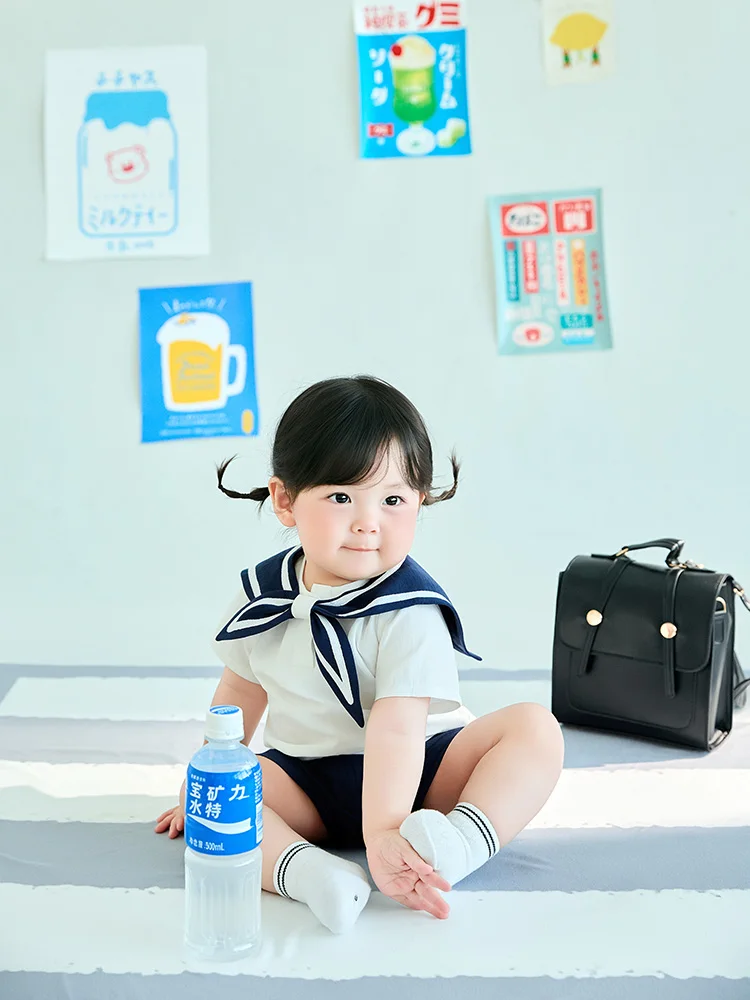 Ins Style Baby Photo Shoot Props Japanese Kawaii Sailor Outfit for Sweet 1 Year Old Baby Girl Pictures Decor Card Mini Bag Props