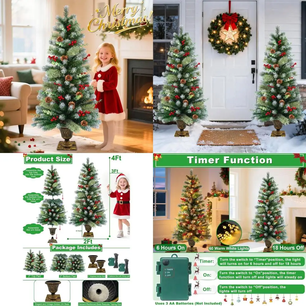 

Battery-Powered 60-Light Snowy Christmas Tree with Timer for Outdoor Entrance, 120 Branch Tips, 14 Eucalyptus, 13 Smoky Pine, 10
