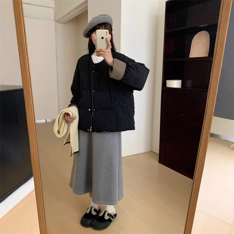 2025 New Down Cotton Jackets Korean Style Simple Round Neck Women's Short Small Cotton Jacket Thick Outer Winter Cotton Coats