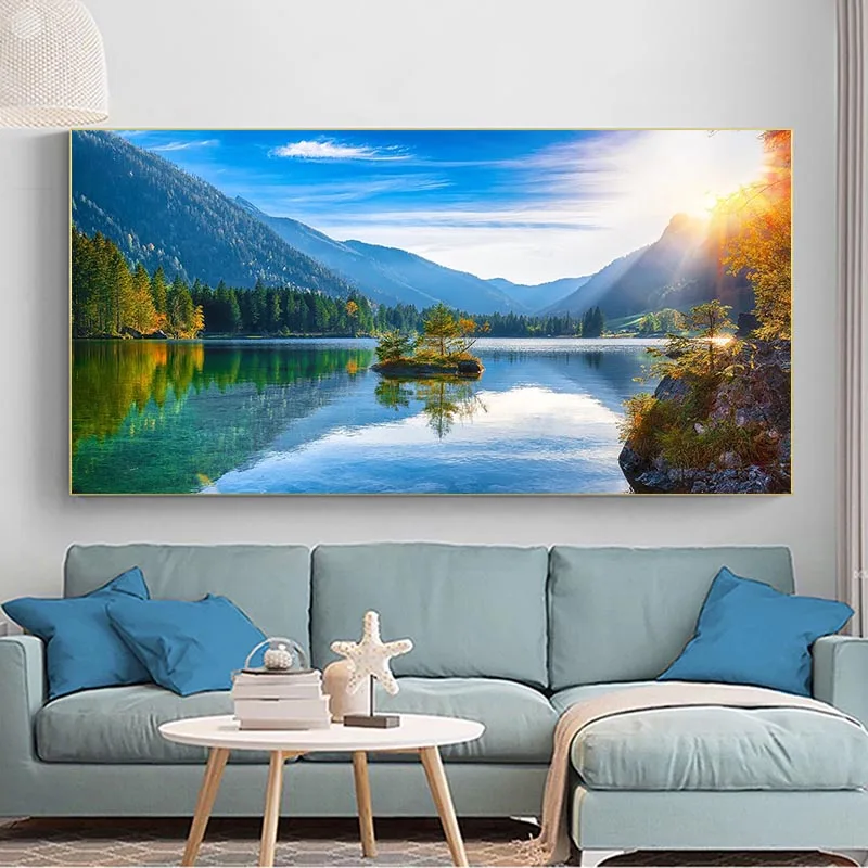 Natural Landscape Posters and Prints Lake Mountain Canvas Painting Wall Art Pictures Home Decoration Sunset Cuadros No Frame
