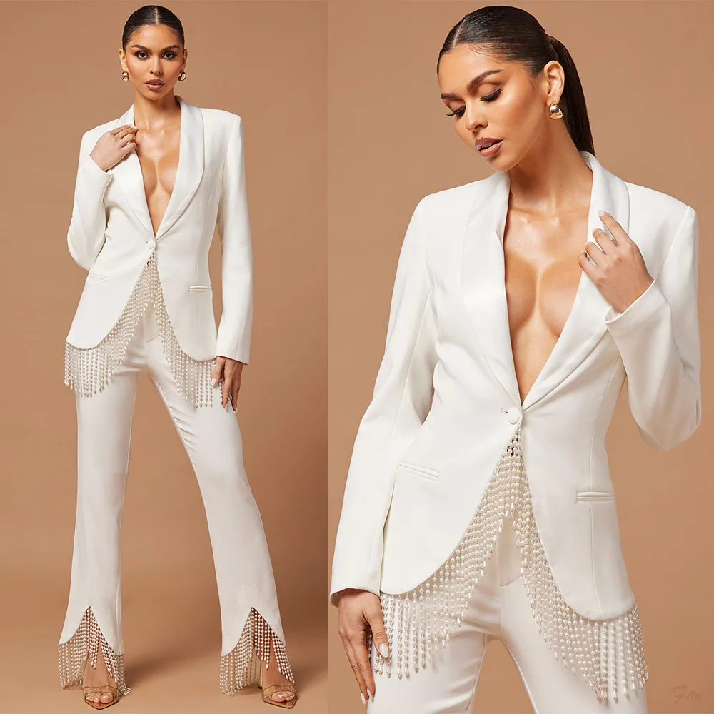 Women's Dresses Suit Gowns Beading One Button Jacket Coat And Pants For Female Satin 2 Pieces Suit Customized W7296