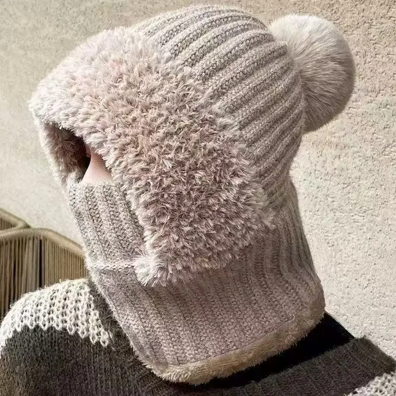 Thermal Fleece Knit Beanie with Ear Covers All-in-One Windproof Hood Neck Warmer Specifically for Bicycle Riders