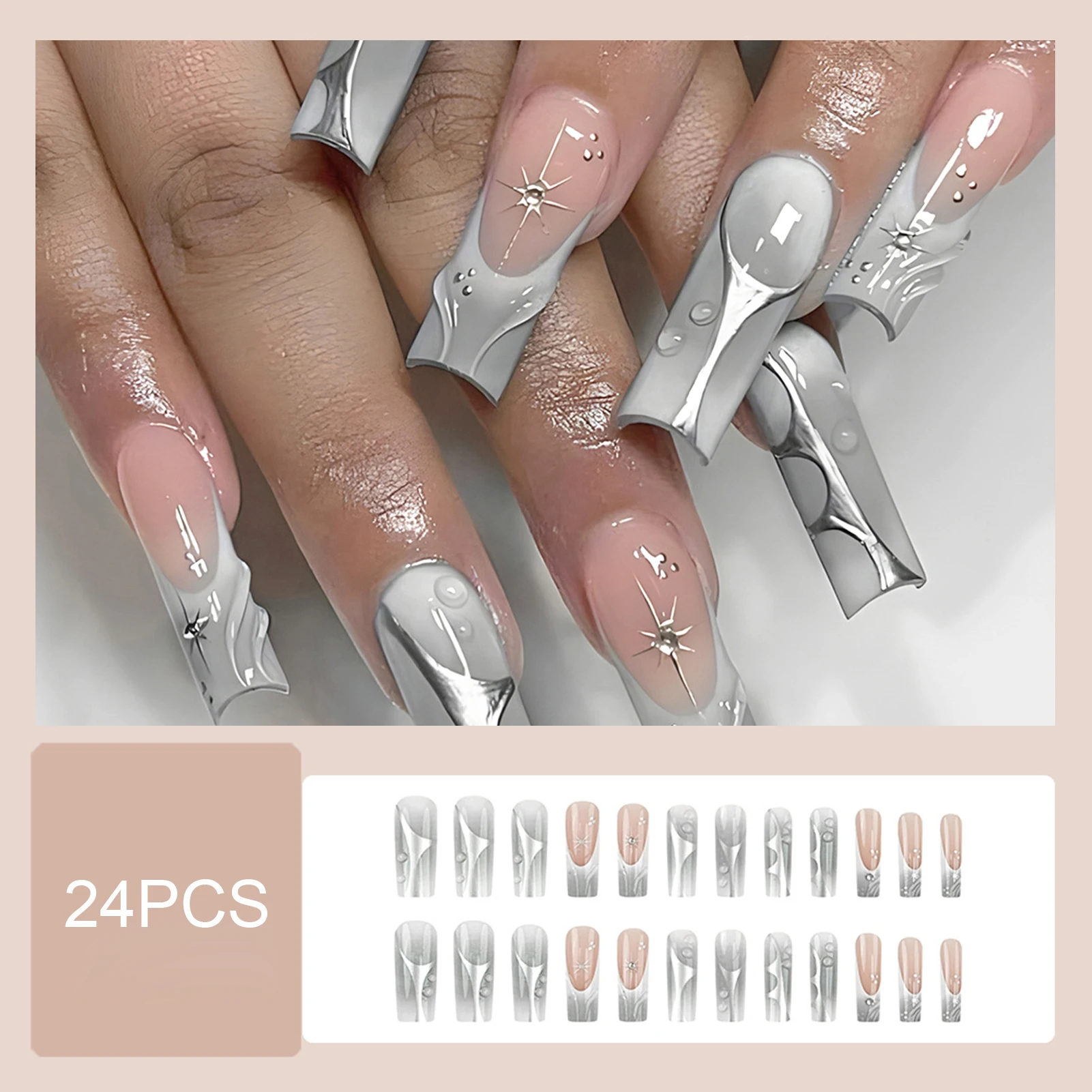 24PCS French Tip y2k Nails with 3D Water Stripe Decor Long Ballet False Nails Wearable Pearl Diamond Fake Nails Press On Coffin